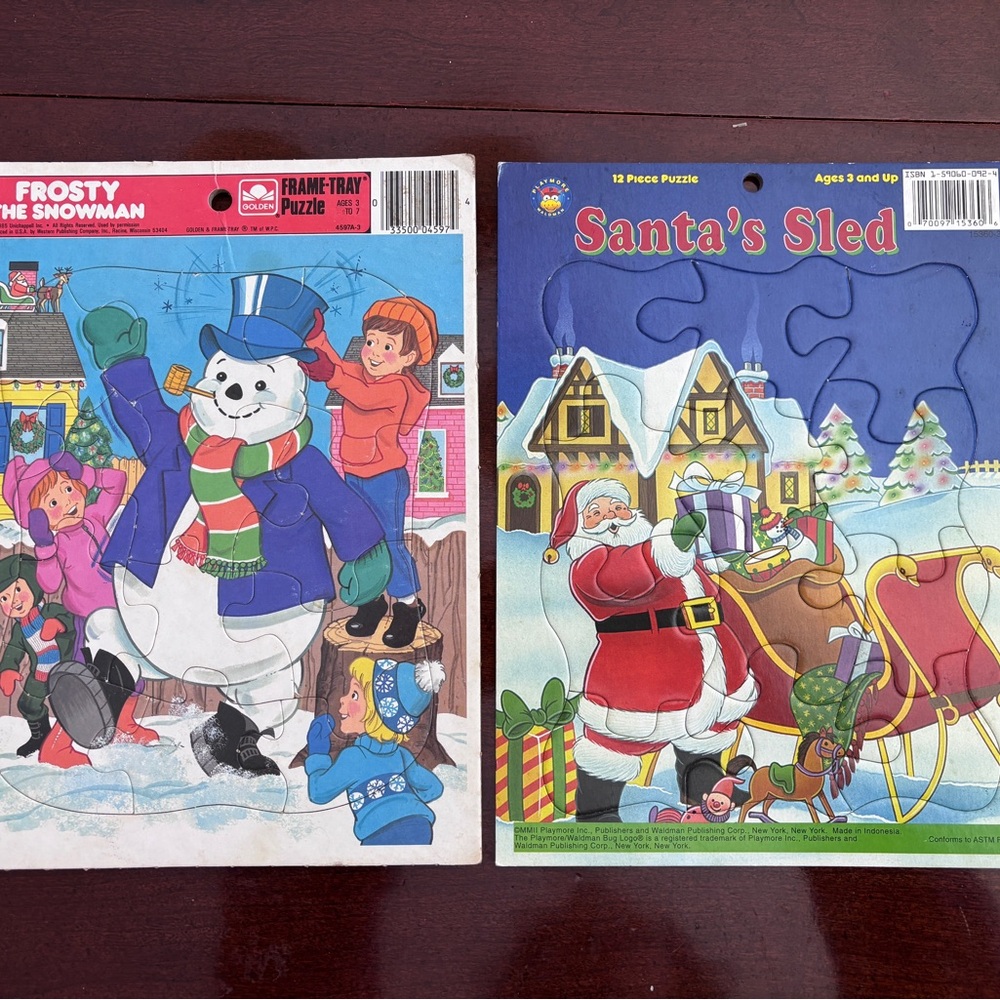 Vintage Frame Tray Puzzle Set with Frosty the Snowman and Santa 1985